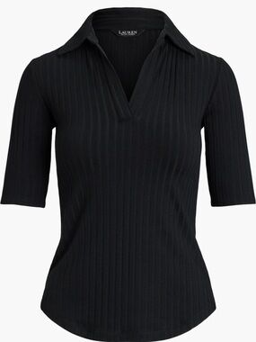 Lauren Ralph Lauren Black Ribbed Polo-Style Short Sleeve Top